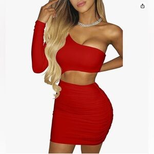Women's Sexy Off The Shoulder One Sleeve Cut Out Ruched Mini Party ClubDress Red